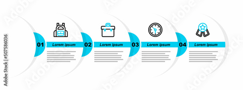 Set line Medal with star, Clock, Briefcase and School backpack icon. Vector