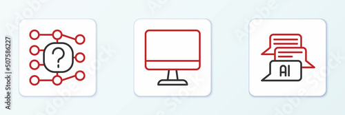 Set line Chat bot, Neural network and Computer monitor icon. Vector