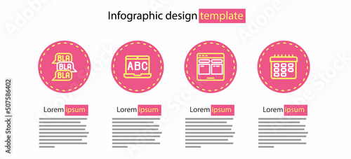 Set line Online translator, School timetable, Foreign language online study and Speech bubble chat icon. Vector