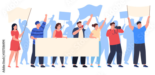 Crowd of opposing people taking part in a protest rally with flags and banners. Men and women take part in a political rally. Vector illustration