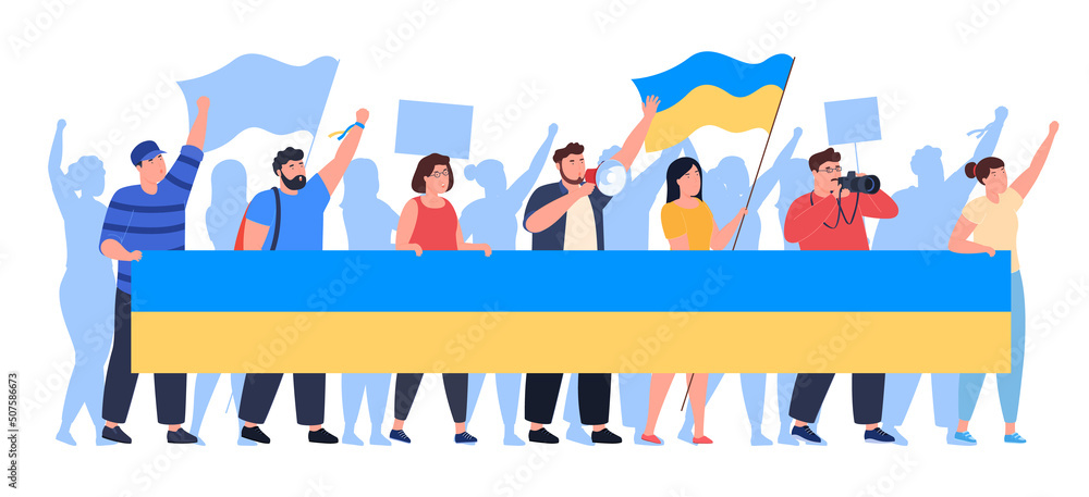 Ukrainian opposing people taking part in a protest rally with Ukrainian flags and banners. Dispersal of the rally. Vector illustration Ukrainian opposing people taking part in a protest rally with Ukrainian flags and banners. Dispersal of the rally. Vector illustration