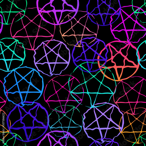 seamless pattern of neon pentagrams on black background