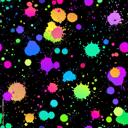 seamless illustration of bright drops of paints on a black background