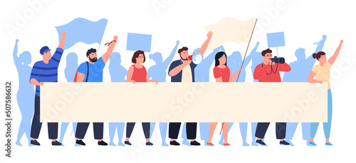 Crowd of opposing people taking part in a protest rally with flags and banners. Men and women take part in a political rally. Vector illustration