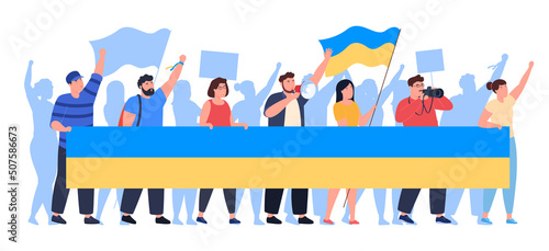 Ukrainian opposing people taking part in a protest rally with Ukrainian flags and banners. Dispersal of the rally. Vector illustration