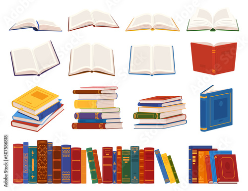 Columns of books to read. Nabi literature, dictionaries, encyclopedias. Books on the shelves. Vector illustration