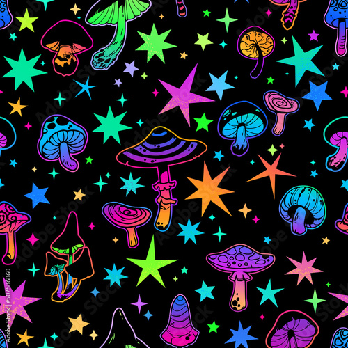 seamless illustration with bright stars and psychedelic mushrooms on a black background