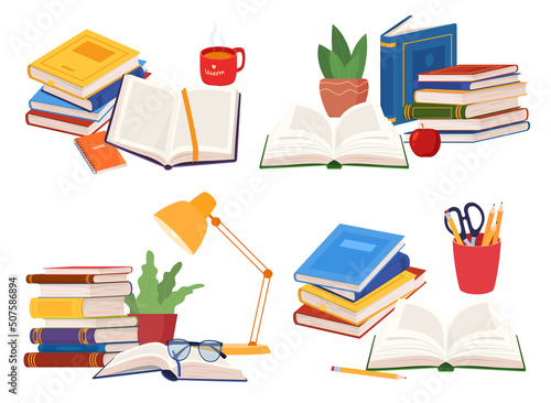 Compositions with books. Columns of books to read. Nabi literature, dictionaries, encyclopedias. Books on the shelves. Vector illustration