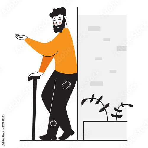 Poor man in dirty rags in hand begging.Homeless and jobless beggar male.Street beggar.The guy begs for alms.Doodle man face.Hand-drawn people.