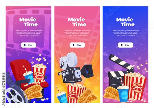 Movie poster template. Banner with the image of cinema elements. Online cinema, film festival. Vector illustration