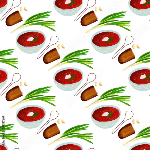 Seamless pattern with Illustration plate of borsch Ukrainian cuisine