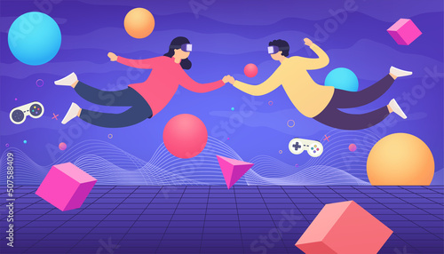 People in virtual reality glasses with game controllers connected to the virtual space. Technology concept of digital world, metaverse.