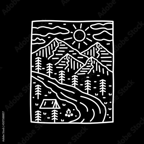 outdoor life style camping wildlife nature in mono line art, for t-shirt, sticker, badge, etc