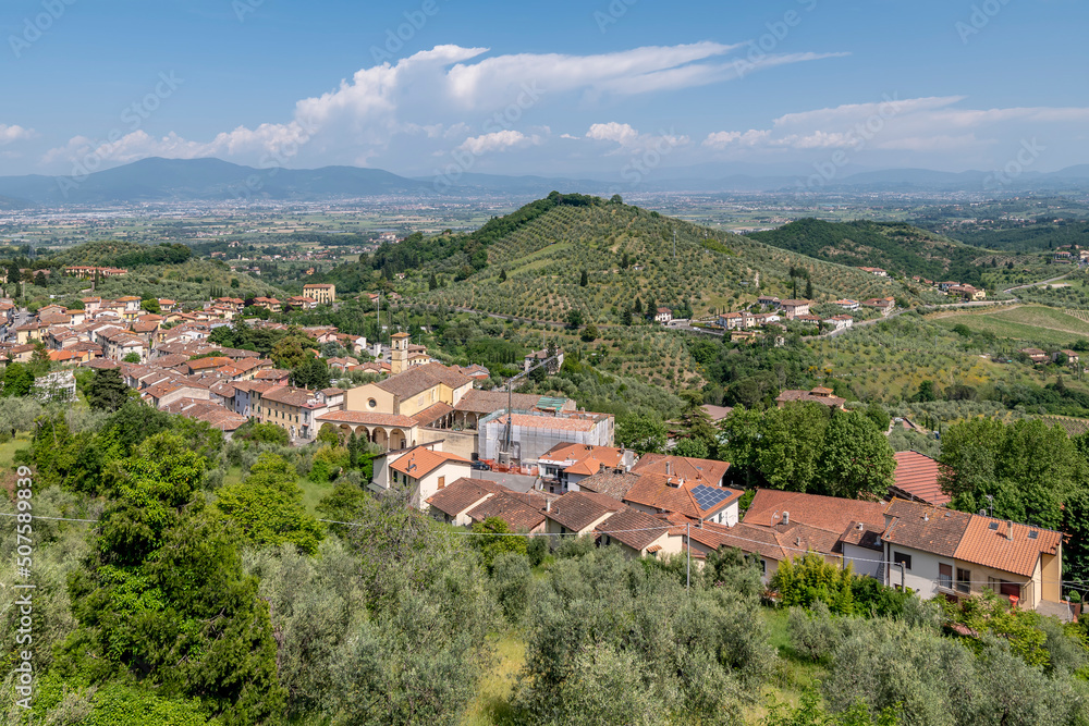 Top view of Carmignano, Prato, Italy and its surroundings, on a sunny day