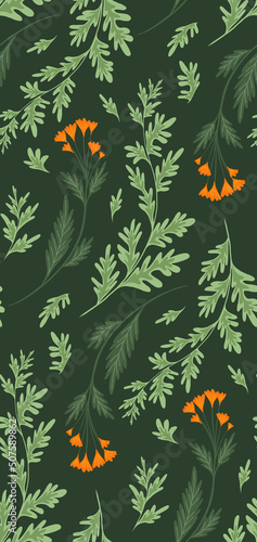 Vector seamless pattern with sagebrush and calendula flowers on stems with foliage on a green background. Botanical floral texture. Fabric swatch