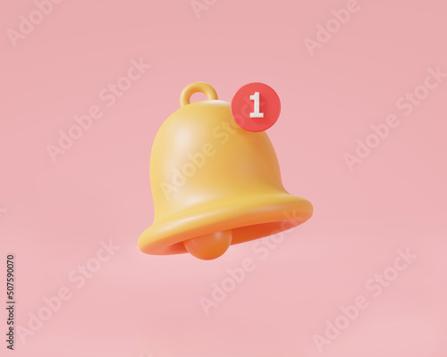 3d notification bell icon isolated on pink background. Social Media element, reminder notification. new notification concept. 3d rendering illustration, cartoon minimal style