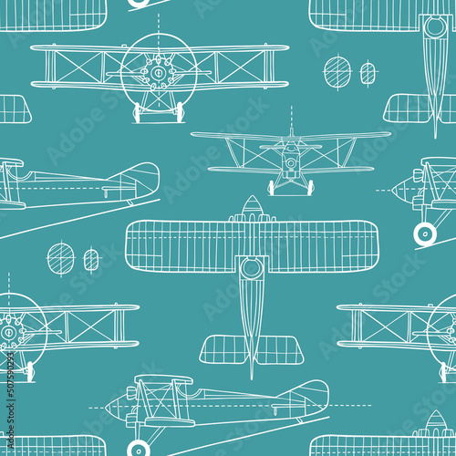 Hand drawn vintage airplane blueprint. Seamless vector pattern. Perfect for textile, wallpaper or print design.