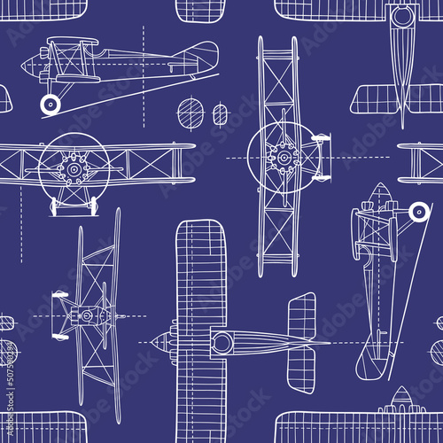 Hand drawn vintage airplane blueprint. Seamless vector pattern. Perfect for textile, wallpaper or print design.