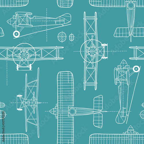 Hand drawn vintage airplane blueprint. Seamless vector pattern. Perfect for textile, wallpaper or print design.