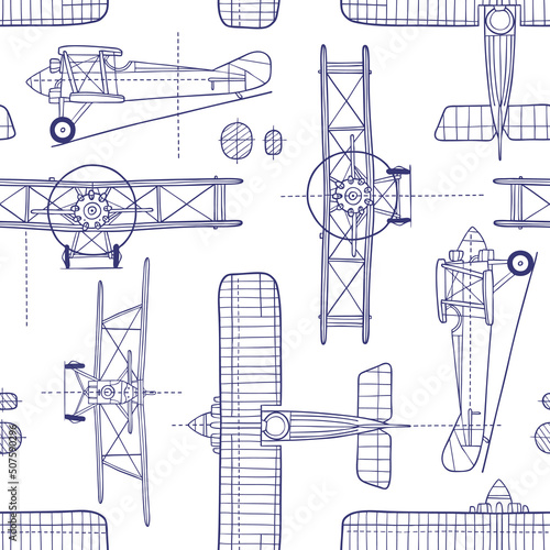 Hand drawn vintage airplane blueprint. Seamless vector pattern. Perfect for textile, wallpaper or print design.