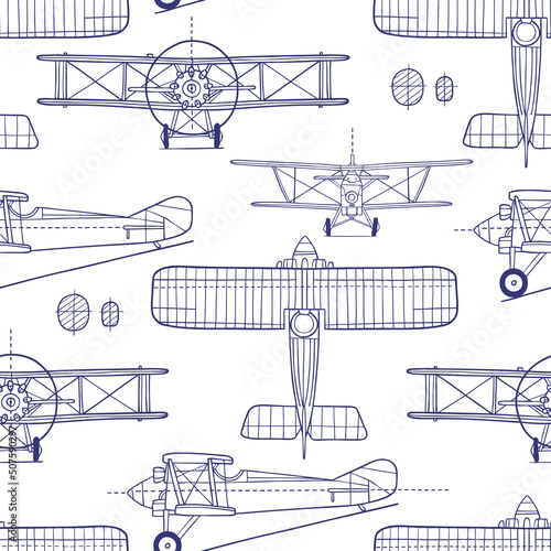 Hand drawn vintage airplane blueprint. Seamless vector pattern. Perfect for textile, wallpaper or print design.