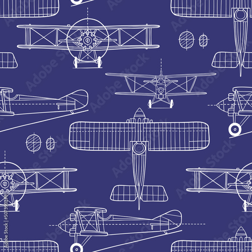 Hand drawn vintage airplane blueprint. Seamless vector pattern. Perfect for textile, wallpaper or print design.