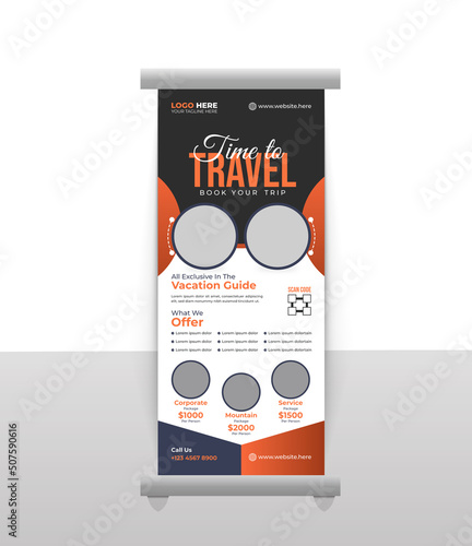Modern travel rollup banner design template for business, agency.layer organized multipurpose use retractable outdoor pullup