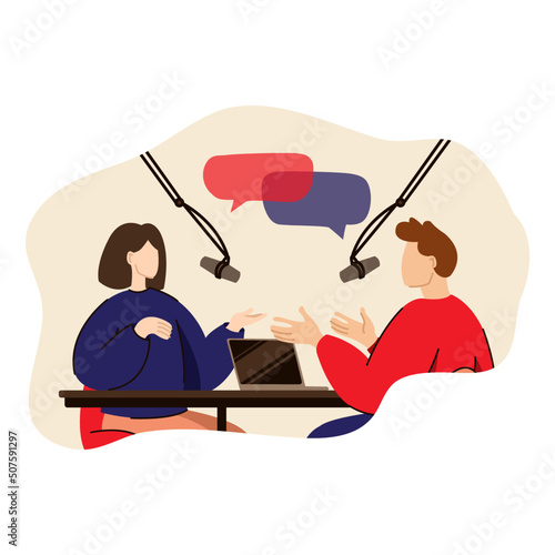 podcast concept. Vector illustration of two people talking in the studio with microphones creators speakers. Isolated on background