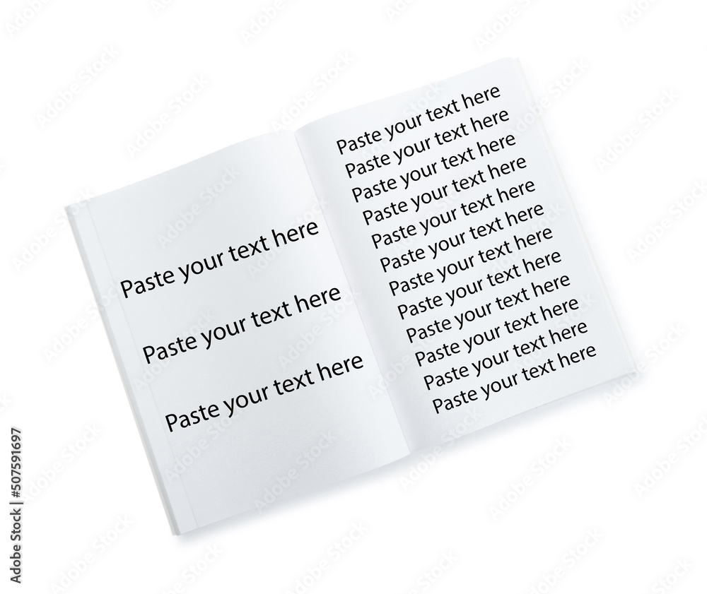 Fototapeta premium Open notebook with many phrases Paste Your Text Here on white background, top view