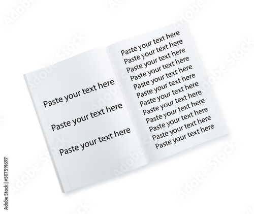 Open notebook with many phrases Paste Your Text Here on white background, top view