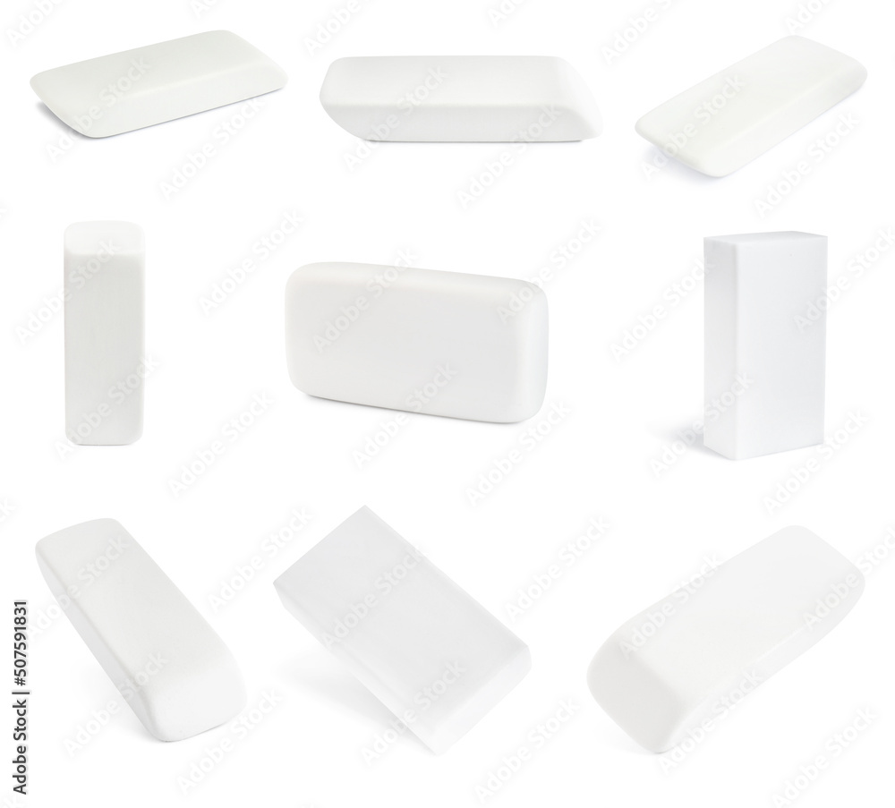 Collage of rubber erasers on white background Collage of rubber erasers on white background