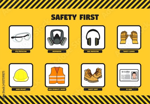 Safety first tools infographic diagram eye ear protector respirator glove helmet high visibility jacket boot id card cartoon vector drawing chart illustration scheme sign logo object awareness concept