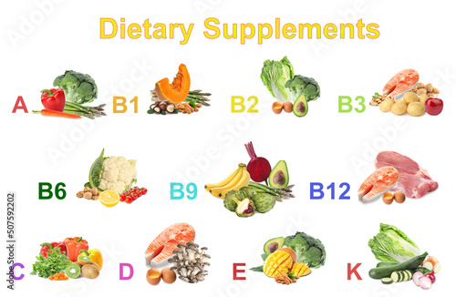 Set with fresh products rich in different vitamins. Dietary Supplements