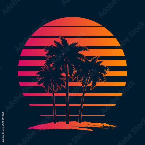 Sunset on tropical beach with palm tree. Sun on evening sea.