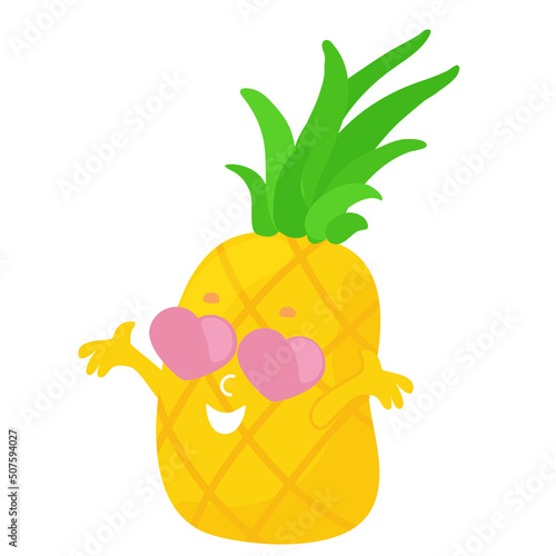 Pineapple in love with heart-eyes. Funny and comical character for icons, emoji, shopping bags design, textile, packaging, brand. Fruit in cartoon style isolated on white background.
