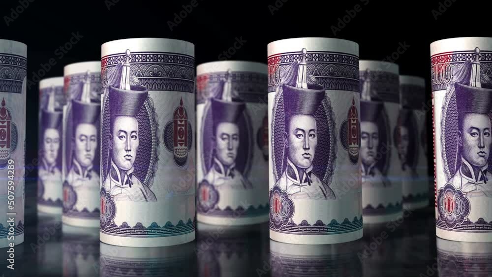 Mongolian Togrog, Tugrik money rolls loop 3d animation. Camera moving in front of the MNT rolling banknotes. Seamless loopable concept of economy, finance, business and debt in Mongolia. Mongolian Togrog, Tugrik money rolls loop 3d animation. Camera moving in front of the MNT rolling banknotes. Seamless loopable concept of economy, finance, business and debt in Mongolia.