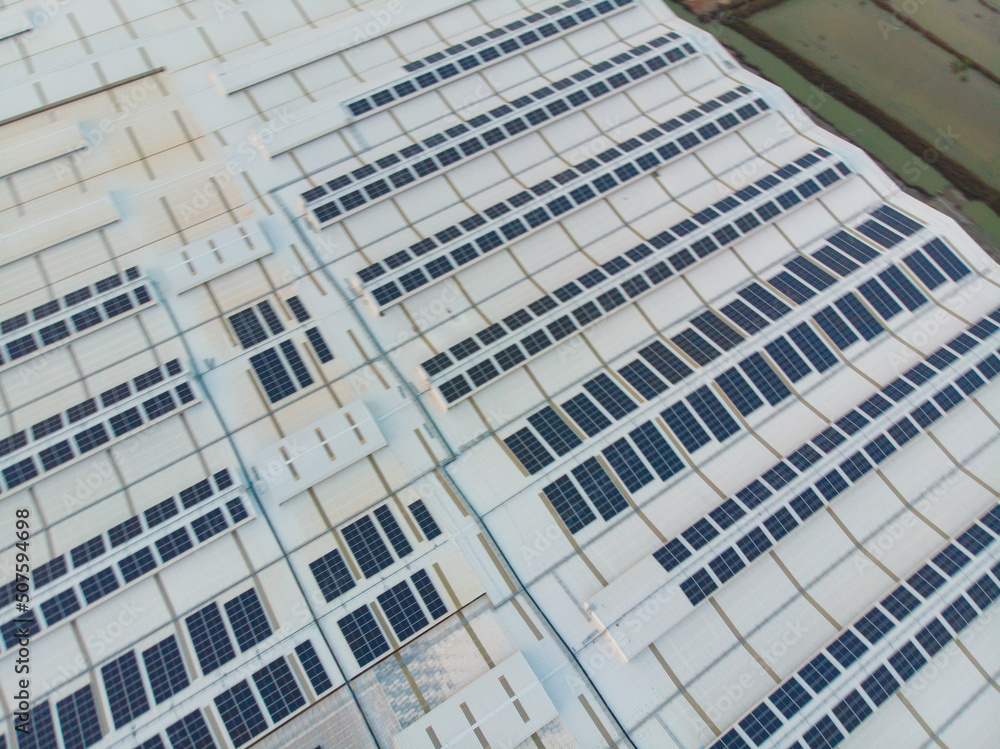 Solar panel module install on roof of warehouse Solar panel module install on roof of warehouse
