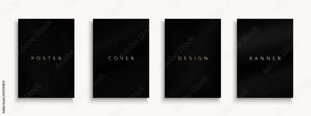 Set of black luxury covers, templates, backgrounds, placards, brochures, banners, flyers and etc. Elegant striped posters, cards, catalogs. Dark minimalistic design