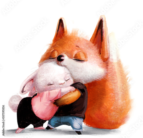 Fototapeta Naklejka Na Ścianę i Meble -  cute cartoon characters - fox and rabbit hugging