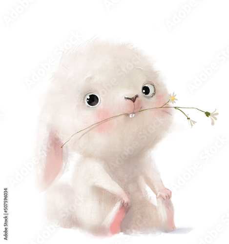 cute lovely cartoon white hare portrait with flower © cofeee