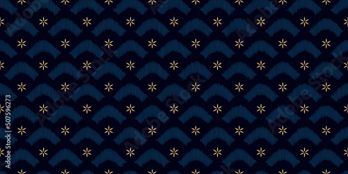 Elegant pattern small orange flowers motif seamless classic blue floral background. Modern Japanese style fabric design textile swatch ladies dress allover print block.