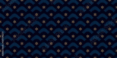 Scallop pattern elegant small flowers motif seamless classic blue floral background. Modern Japanese style fabric design textile swatch ladies dress allover print block.