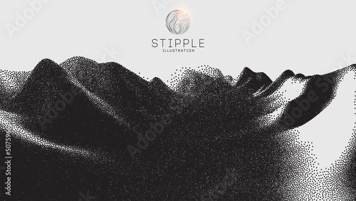 Vector landscape of mountain in dotwork style. Stipple illustration design. Old retro dot texture vintage gradient. Pointillism graphic. Grain terrain wallpaper.