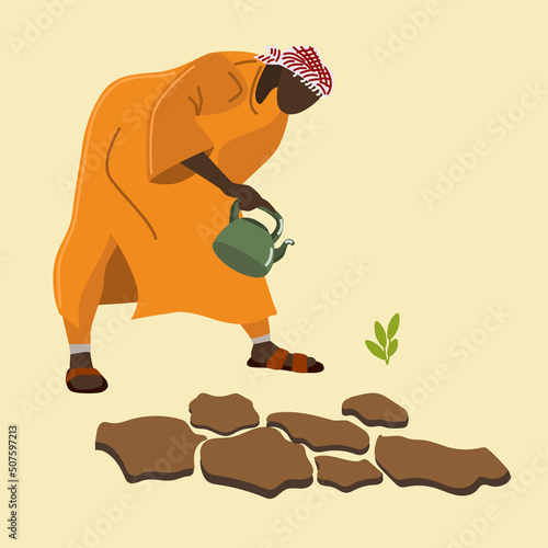 Stop hunger in Africa and world vector illustration. Help and solidarity. Poster stop hunger. No african hunger. Arab watering wheat sprout in african desert.