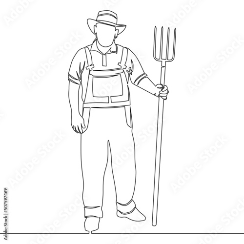 Continuous line drawing male farmer holding pitchfork concept