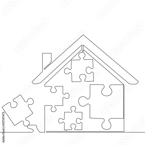 Continuous line drawing modular house puzzle construction concept