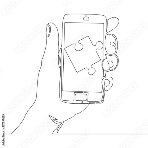 Continuous line drawing Puzzle piece on smartphone screen concept