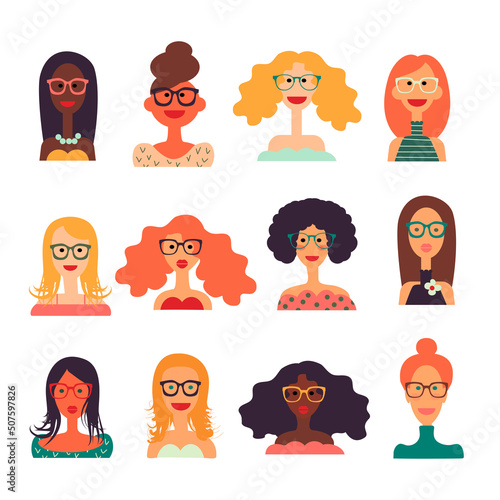 Set of cute woman avatars. Flat vector illustration. Cartoon characters.