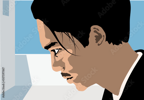 A handsome guy with beard is looking down in front of a white building under a sunny blue sky, vector