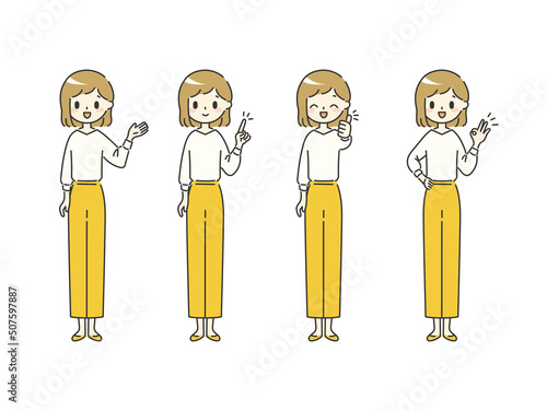 色々なポーズをする女性【イエロー】【全身】